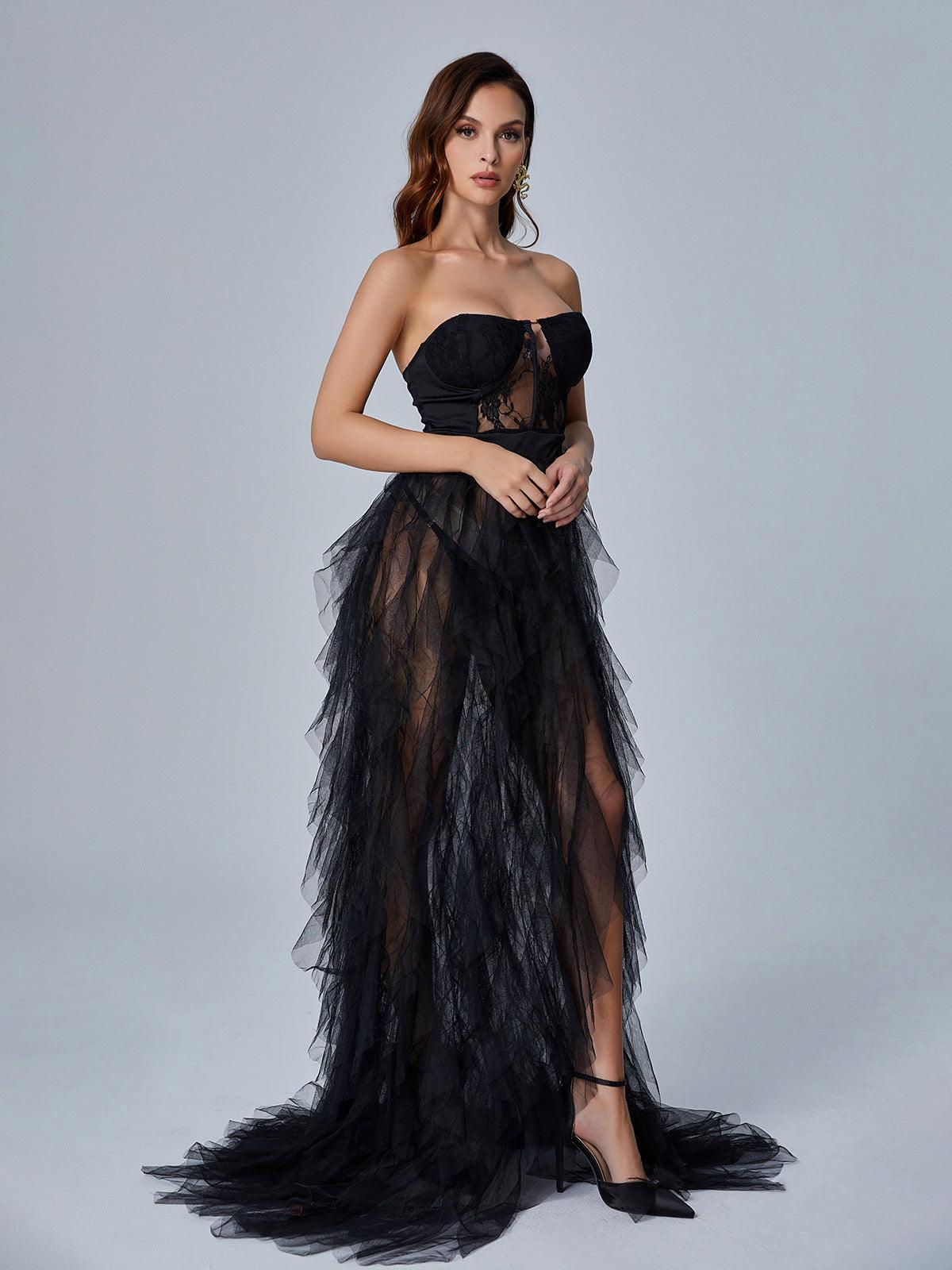 Tulle Strapless Corset Tiered High Split Maxi Gown