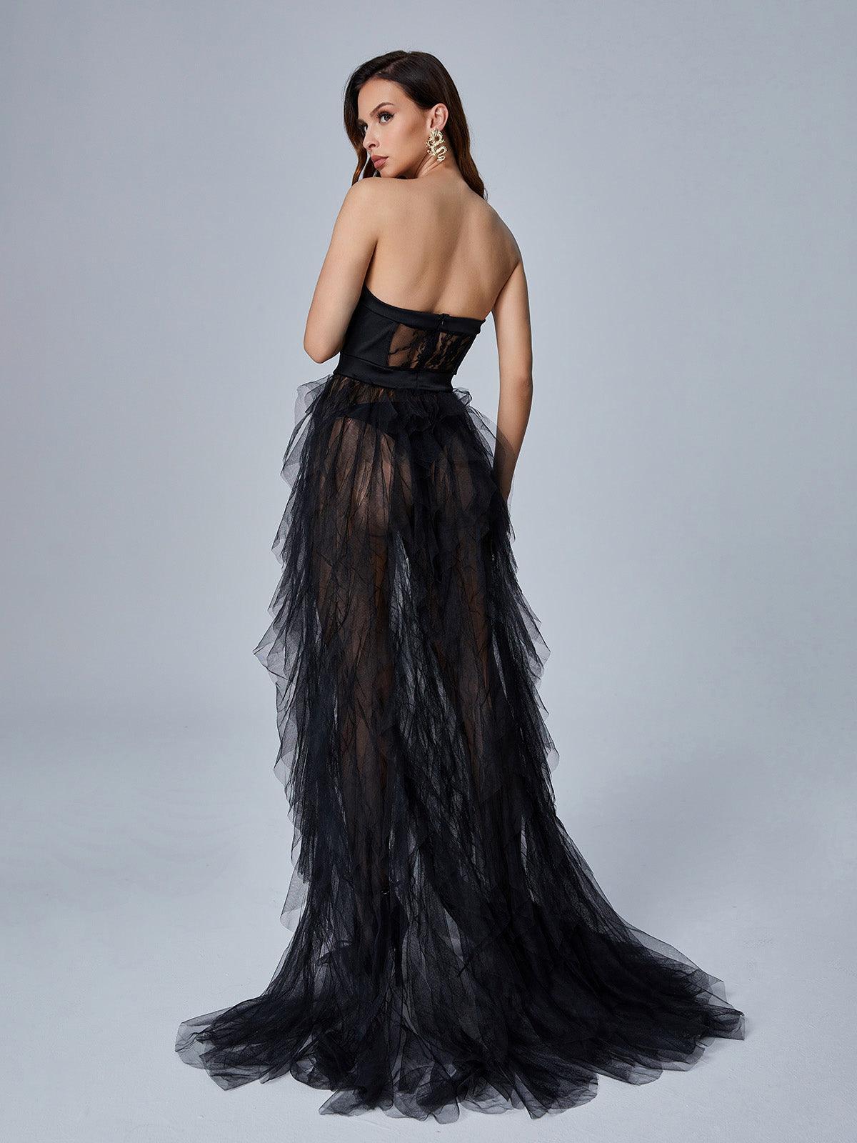 Tulle Strapless Corset Tiered High Split Maxi Gown