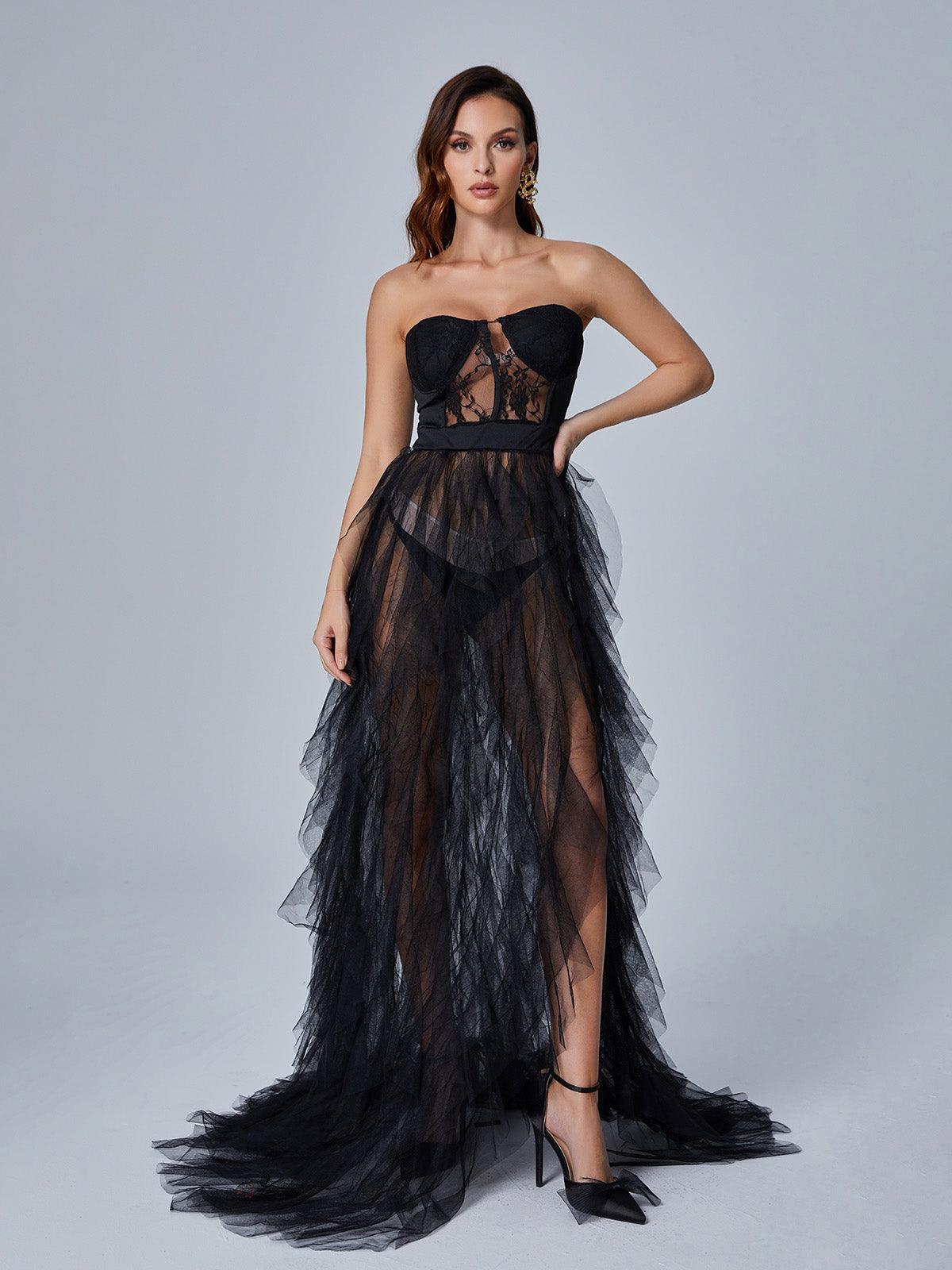 Tulle Strapless Corset Tiered High Split Maxi Gown