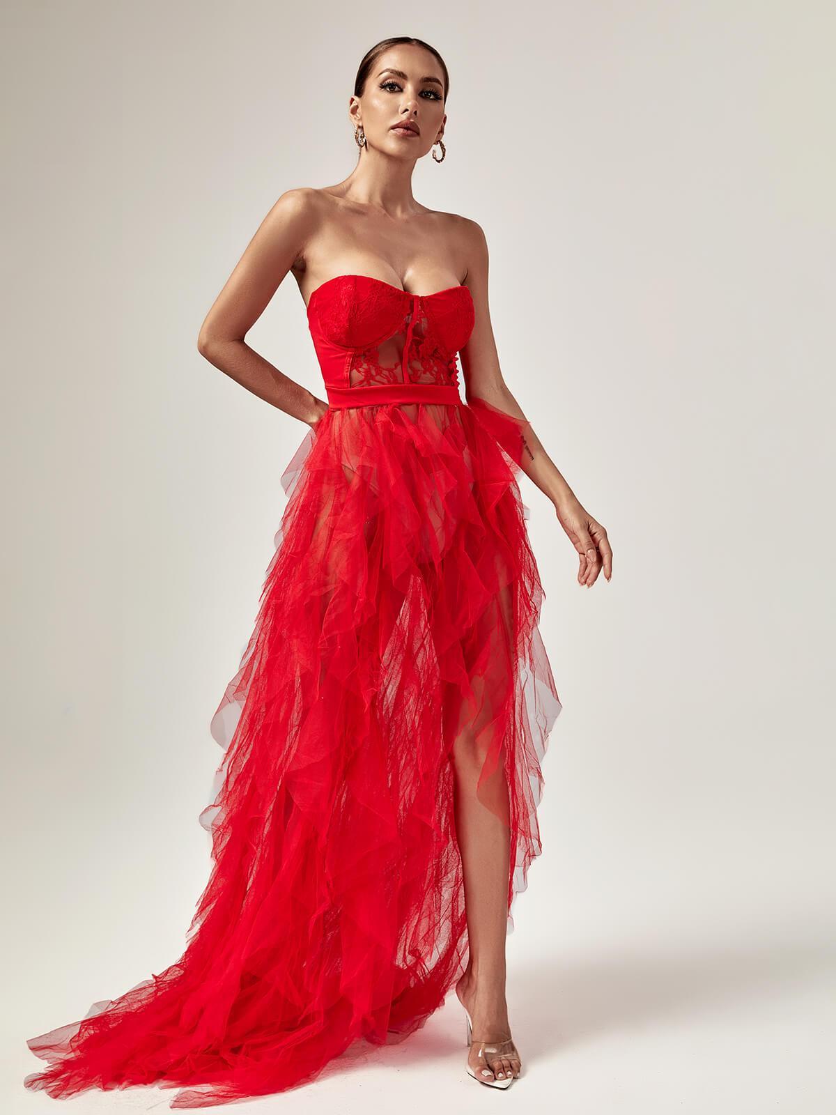 Tulle Strapless Corset Lace High Split Maxi Gown