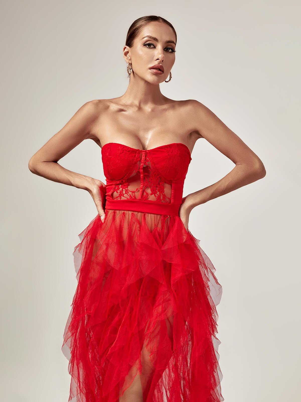 Tulle Strapless Corset Lace High Split Maxi Gown