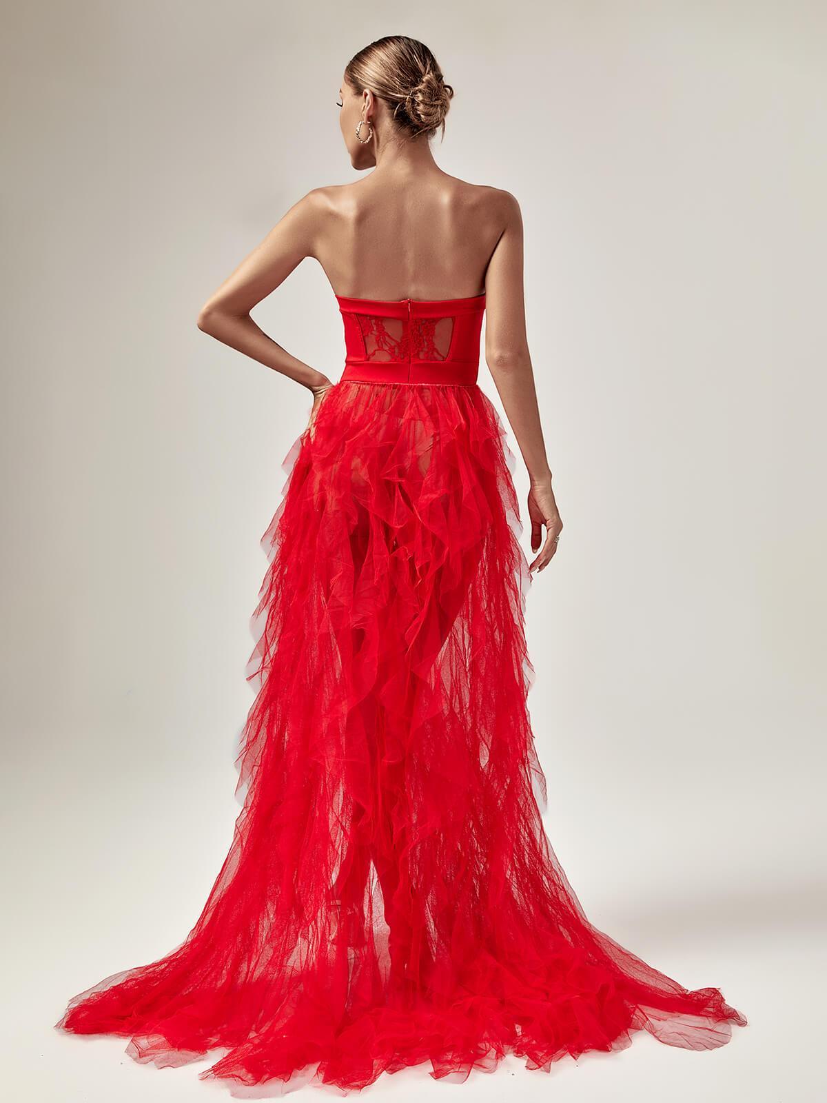 Tulle Strapless Corset Lace High Split Maxi Gown