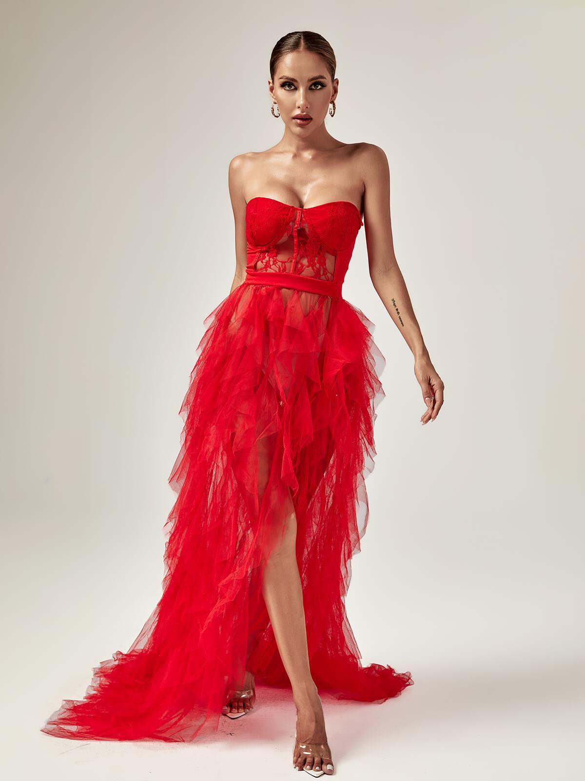 Tulle Strapless Corset Lace High Split Maxi Gown
