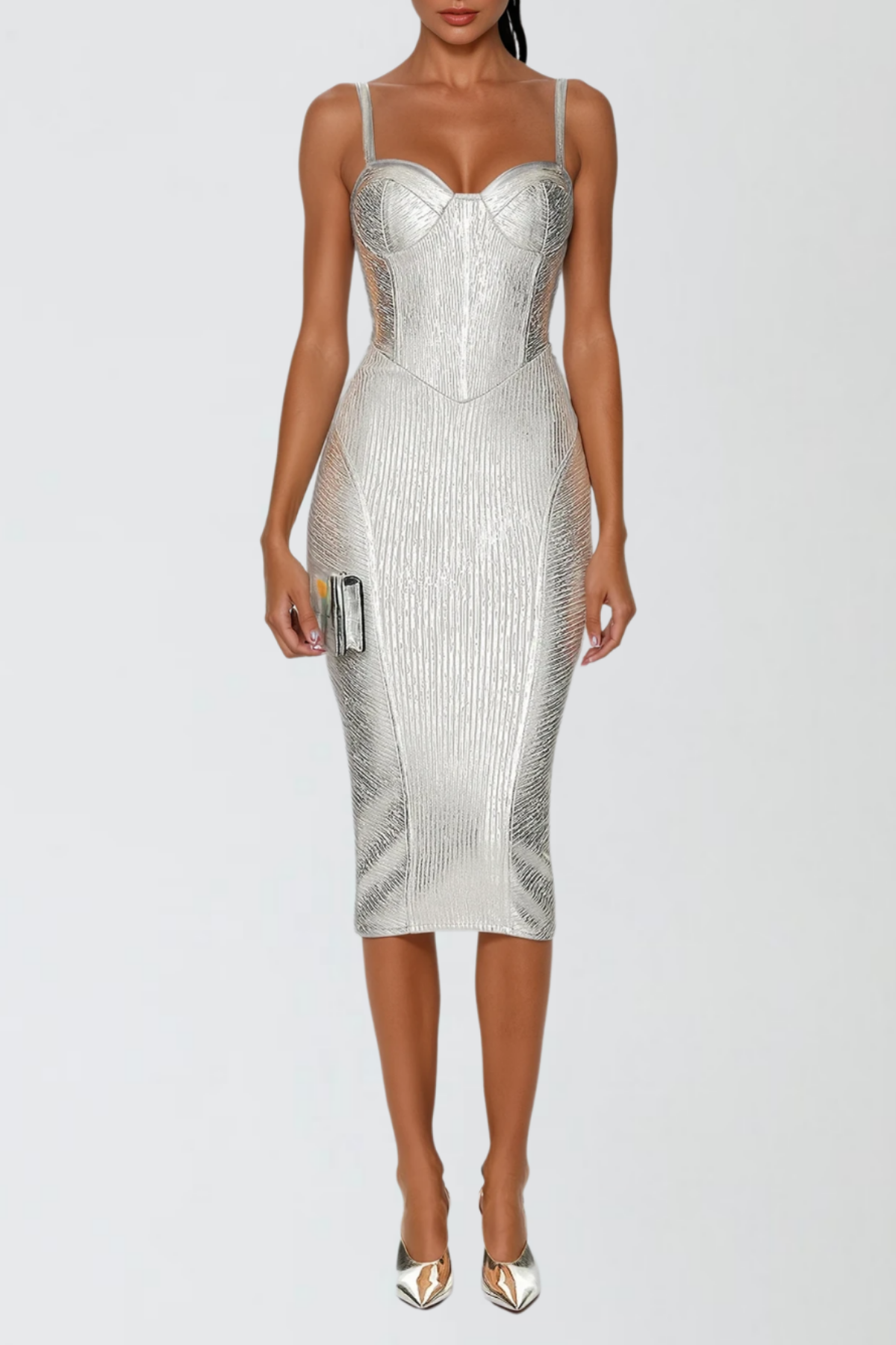 Metallic Ribbed Bustier Corset Spaghetti Strap Bodycon Bandage Midi Dress