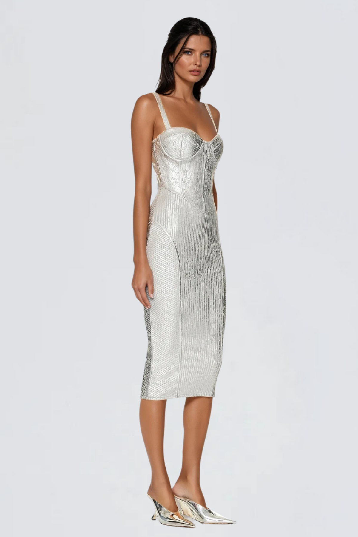 Metallic Ribbed Bustier Corset Spaghetti Strap Bodycon Bandage Midi Dress
