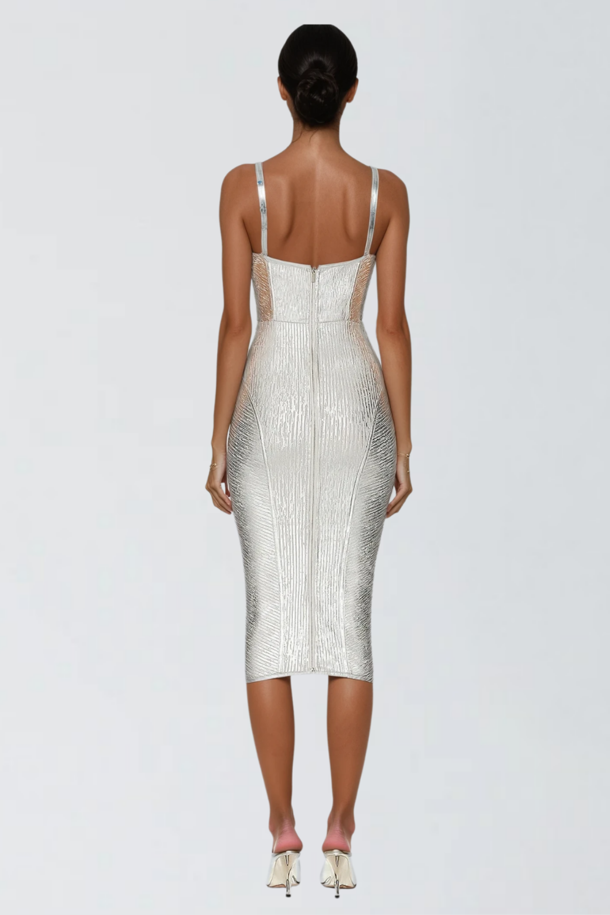 Metallic Ribbed Bustier Corset Spaghetti Strap Bodycon Bandage Midi Dress