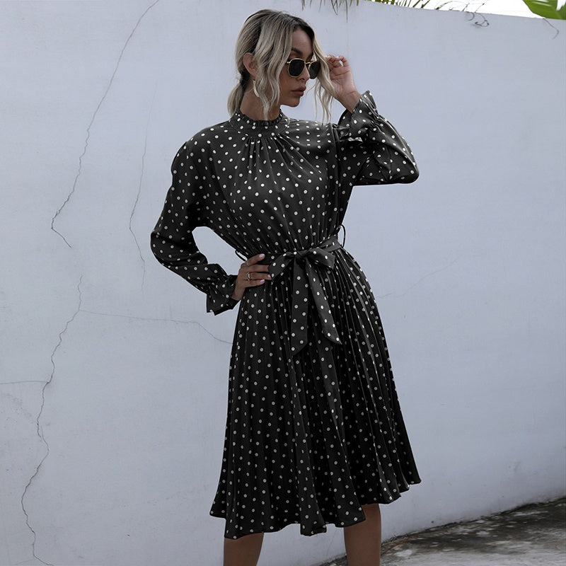 Dot Printed High Waist Spring Autumn Dress Women Long Sleeve A-line Pleated Dress Plus Size