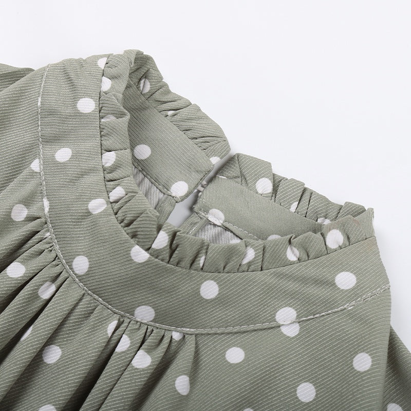 Dot Printed High Waist Spring Autumn Dress Women Long Sleeve A-line Pleated Dress Plus Size