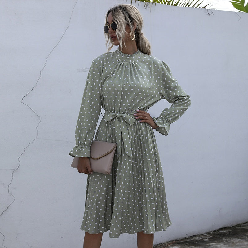 Dot Printed High Waist Spring Autumn Dress Women Long Sleeve A-line Pleated Dress Plus Size