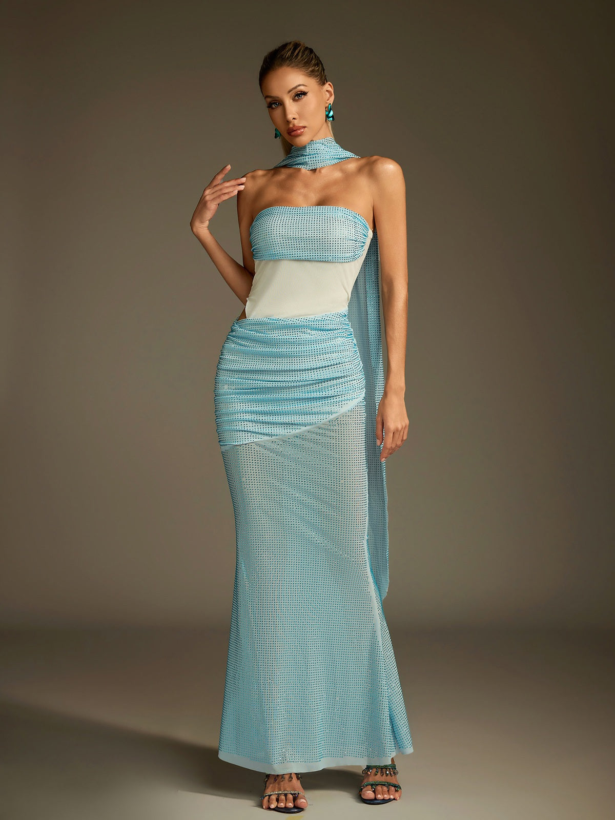 Rhinestone Scarf Mesh Maxi Dress