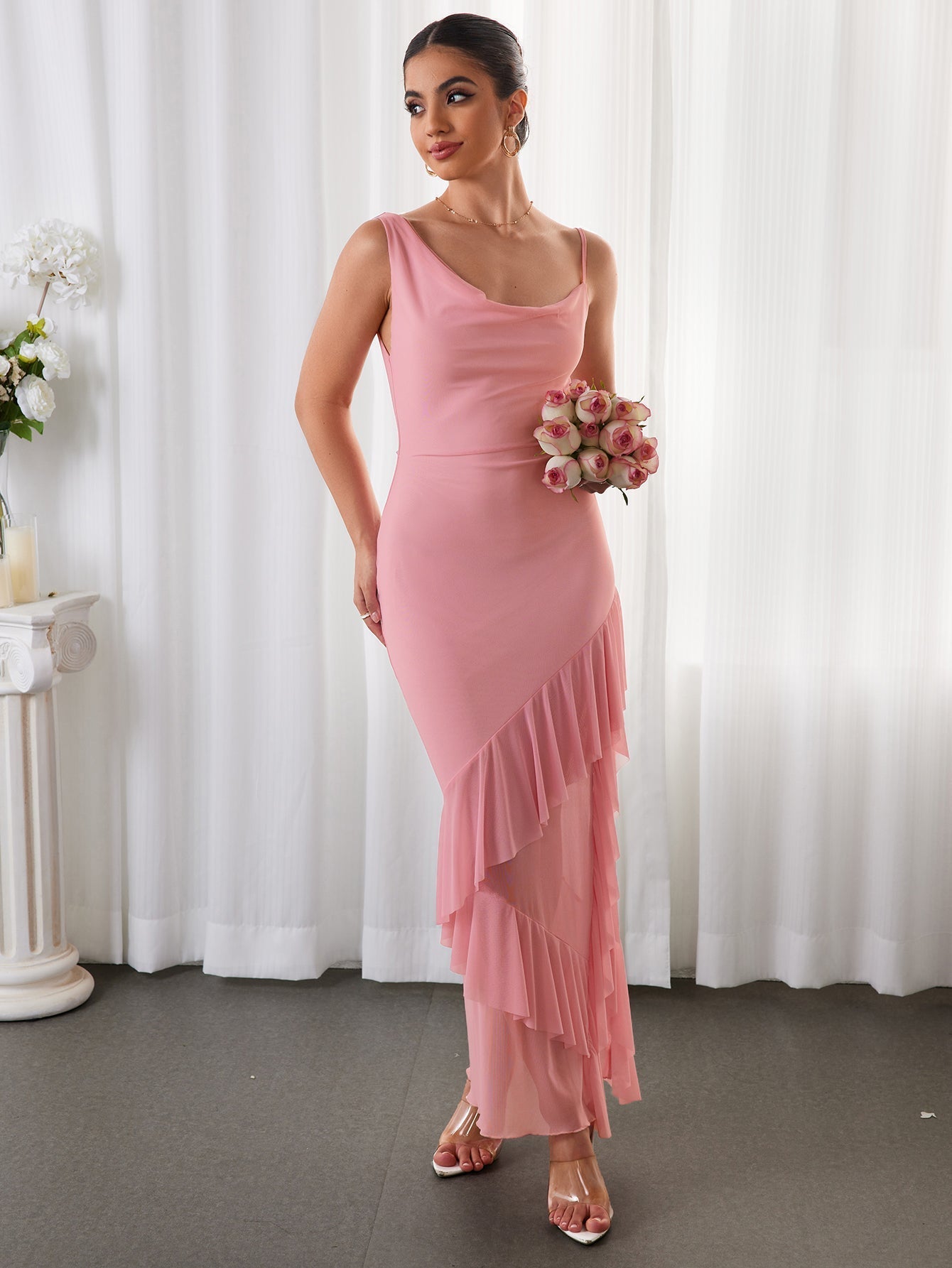 Draped Backless Asymmetrical Hem Mesh Dress - View 3