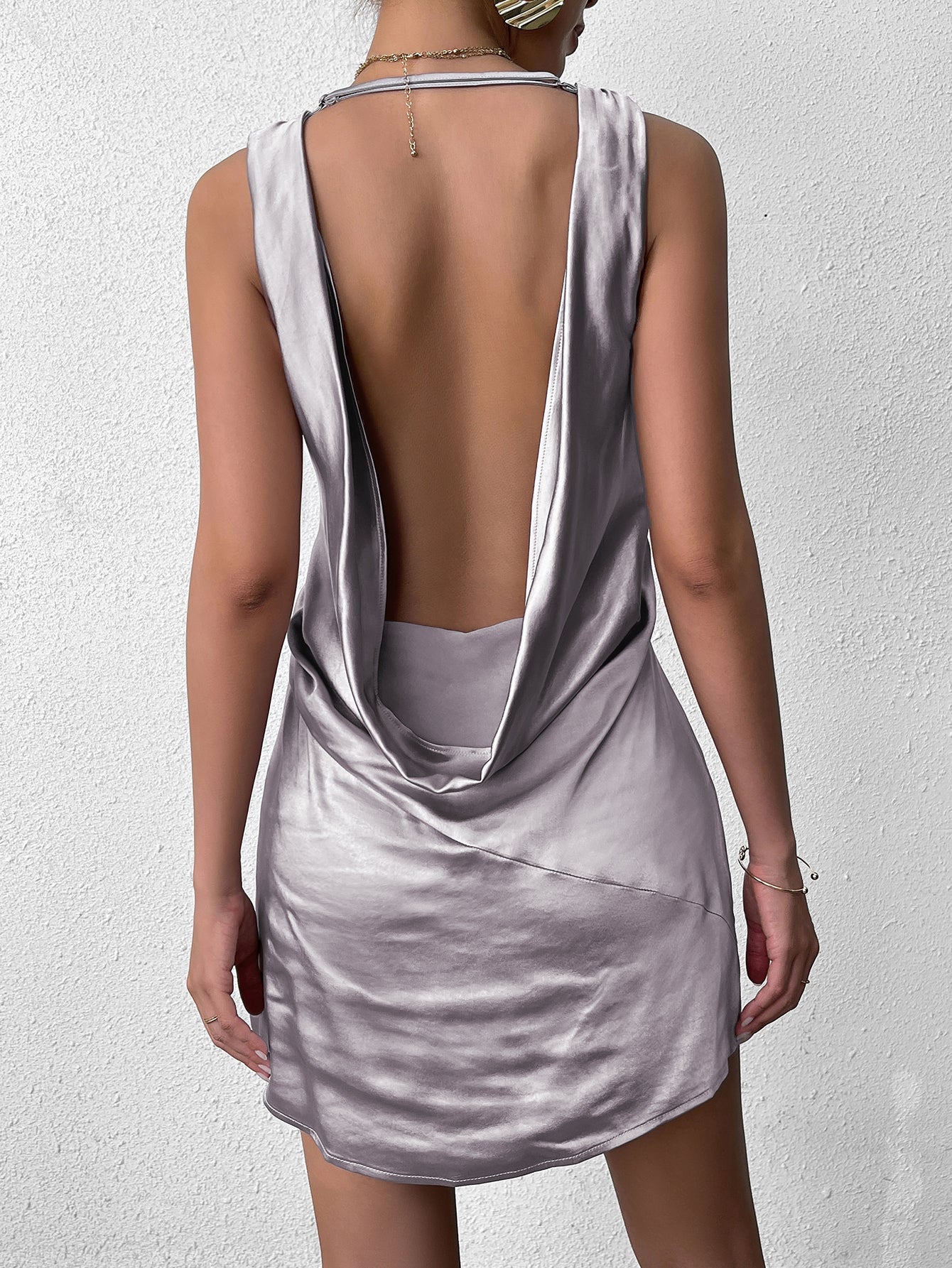 Draped Backless V-Neck Satin Mini Dress - View 2