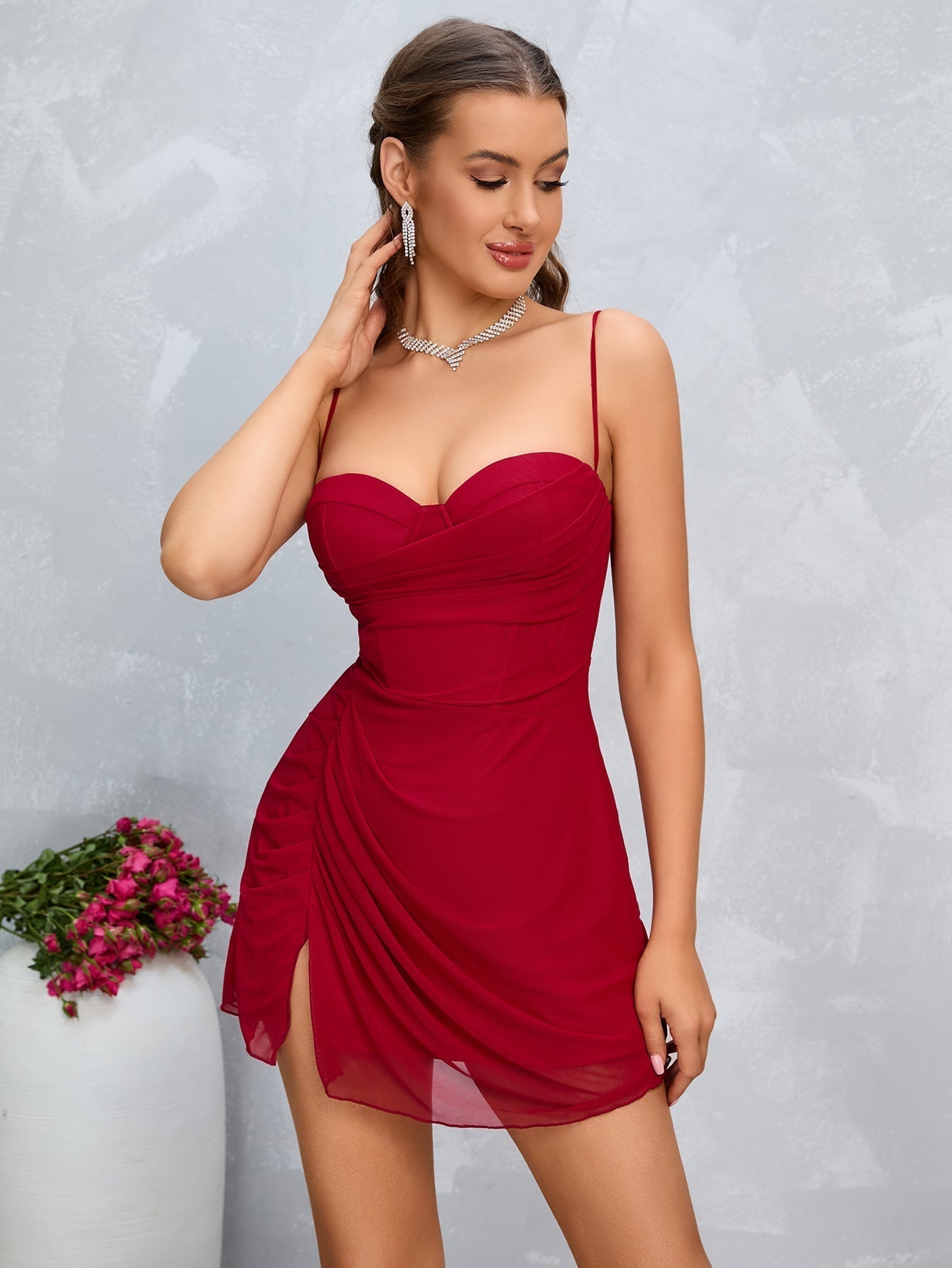 Mesh Spaghetti Strap Sweetheart Ruched Draped Split Hem Mini Dress
