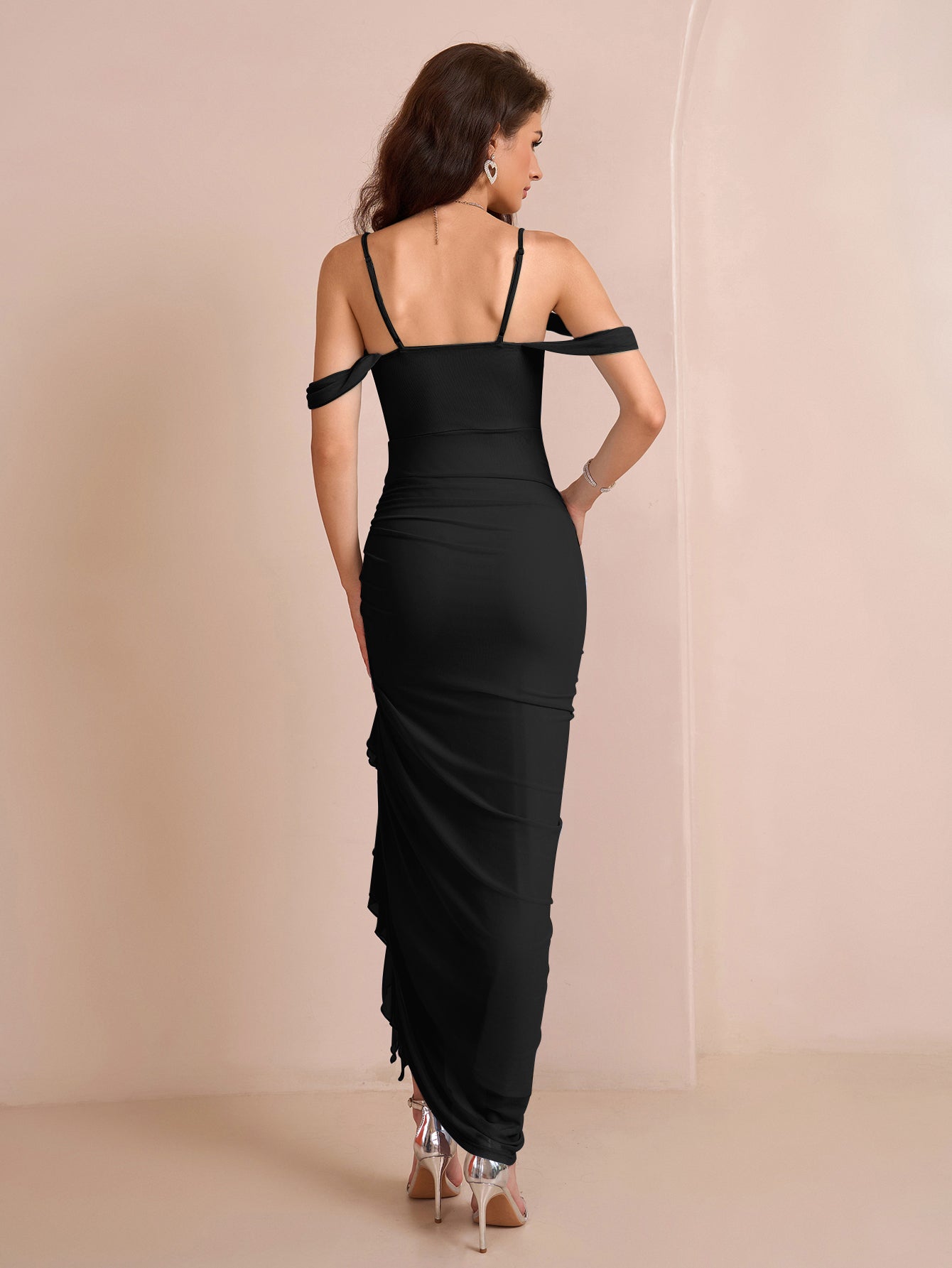 Draped Sleeve Ruched Crisscross Waist Asymmetrical Hem Mesh Dress - View 17