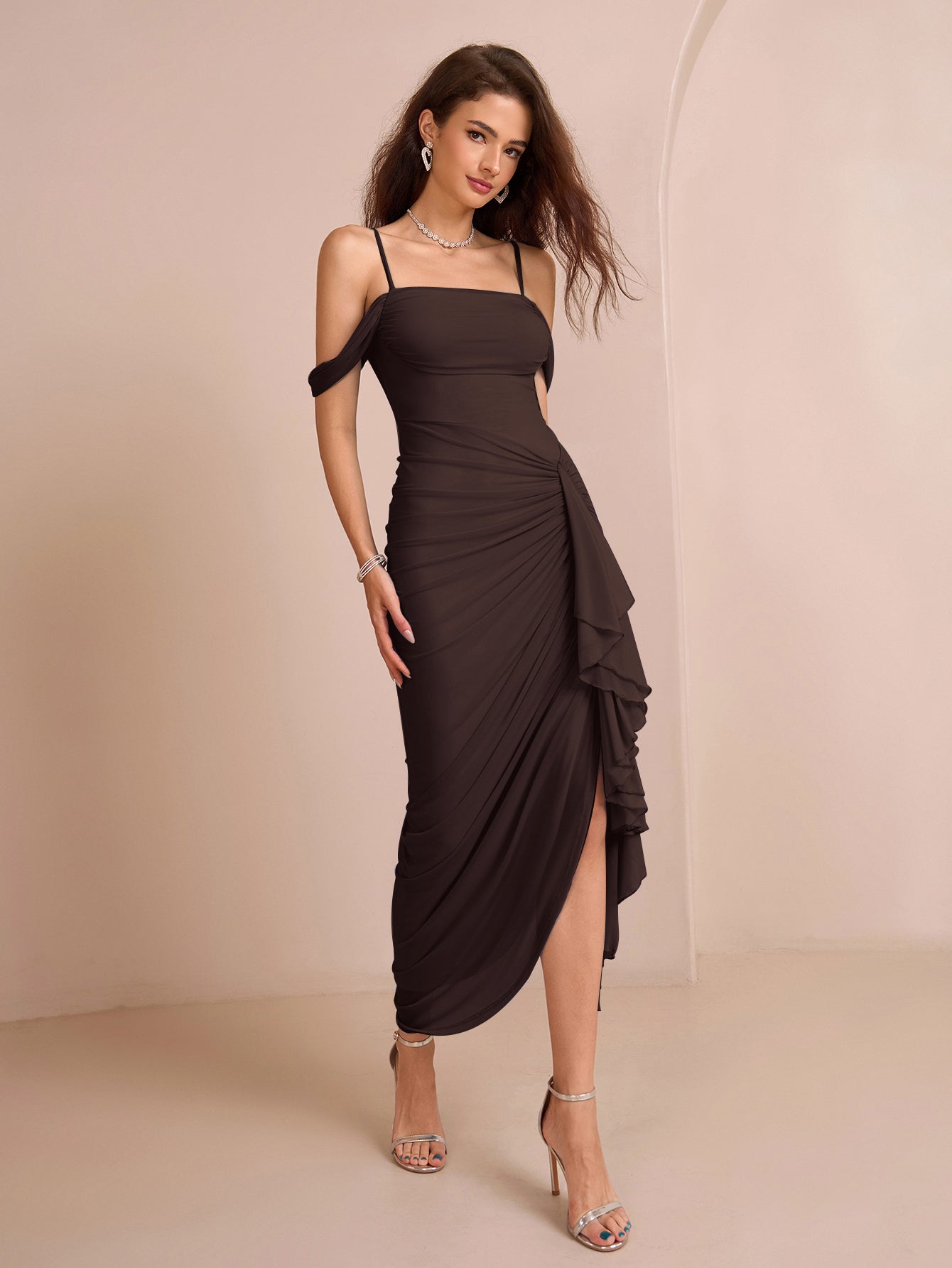 Draped Sleeve Ruched Crisscross Waist Asymmetrical Hem Mesh Dress - View 10