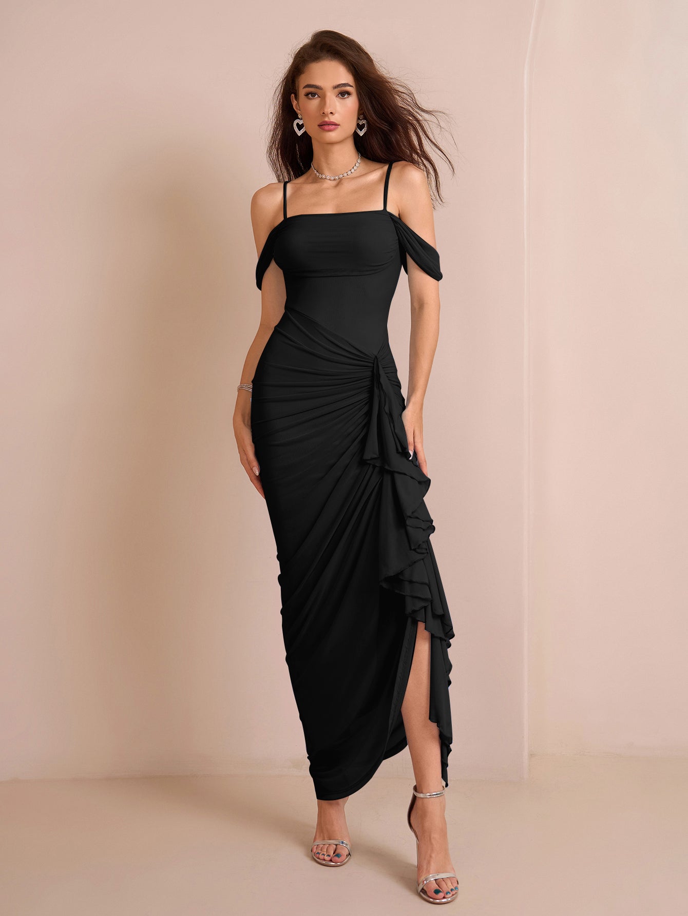 Draped Sleeve Ruched Crisscross Waist Asymmetrical Hem Mesh Dress - View 3