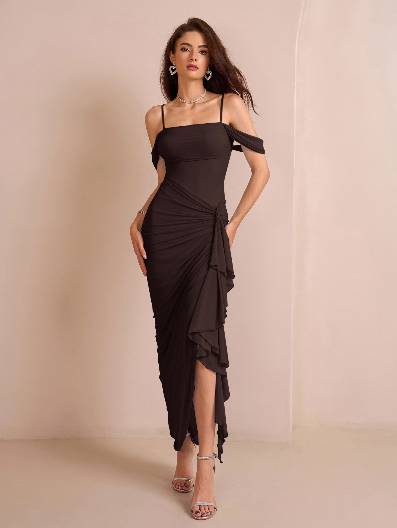 Draped Sleeve Ruched Crisscross Waist Asymmetrical Hem Mesh Dress - View 9
