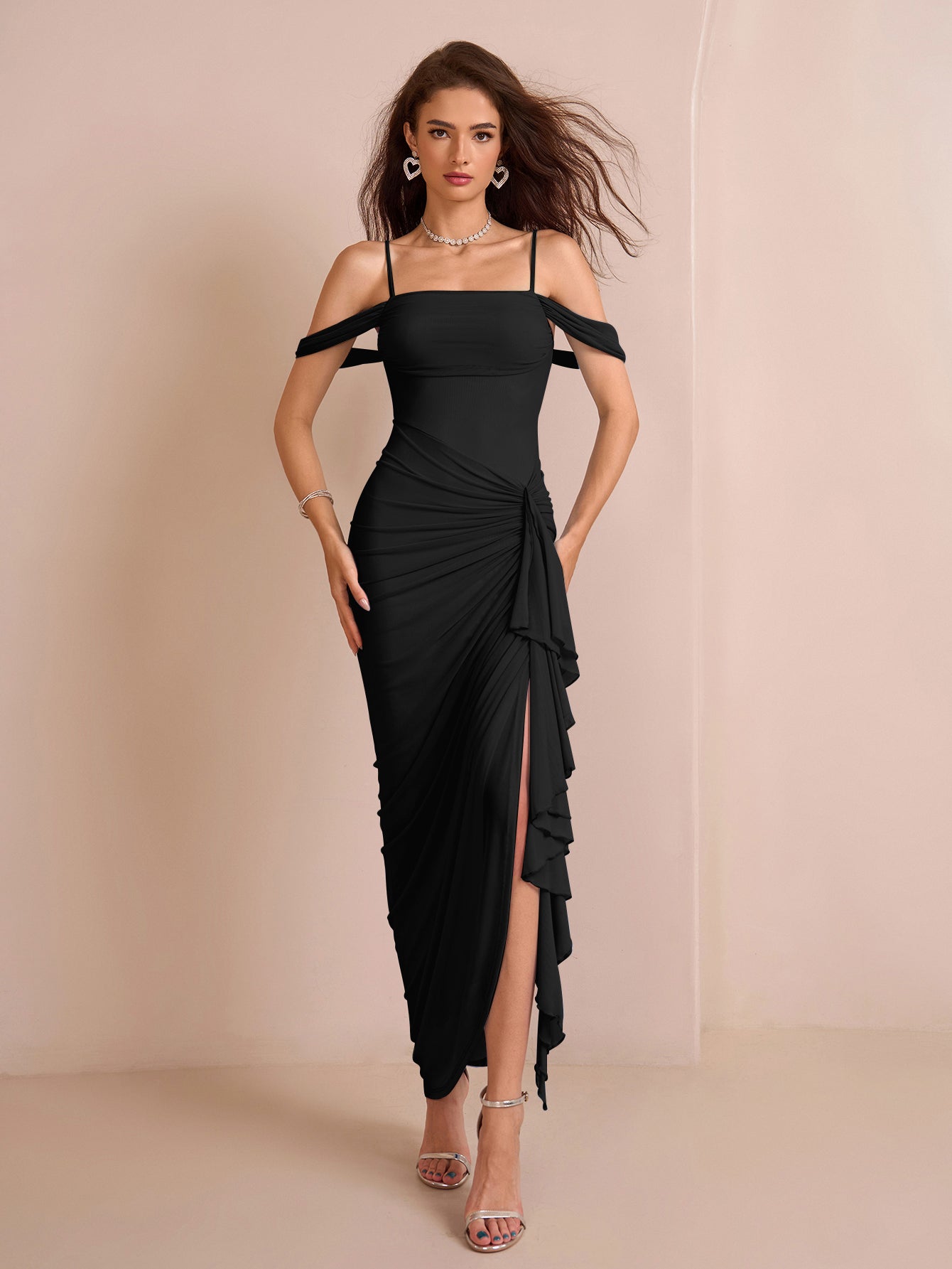 Draped Sleeve Ruched Crisscross Waist Asymmetrical Hem Mesh Dress - View 16