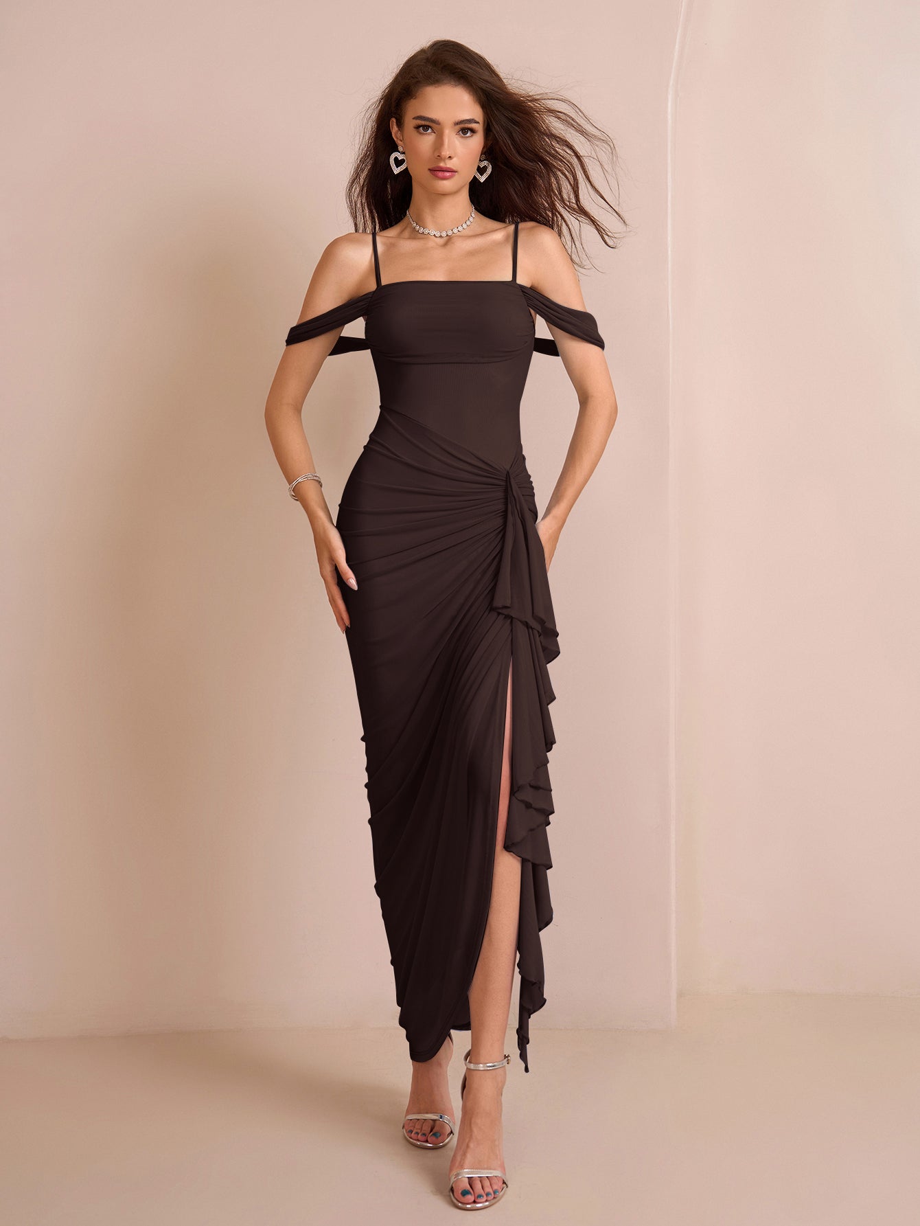 Draped Sleeve Ruched Crisscross Waist Asymmetrical Hem Mesh Dress - View 5