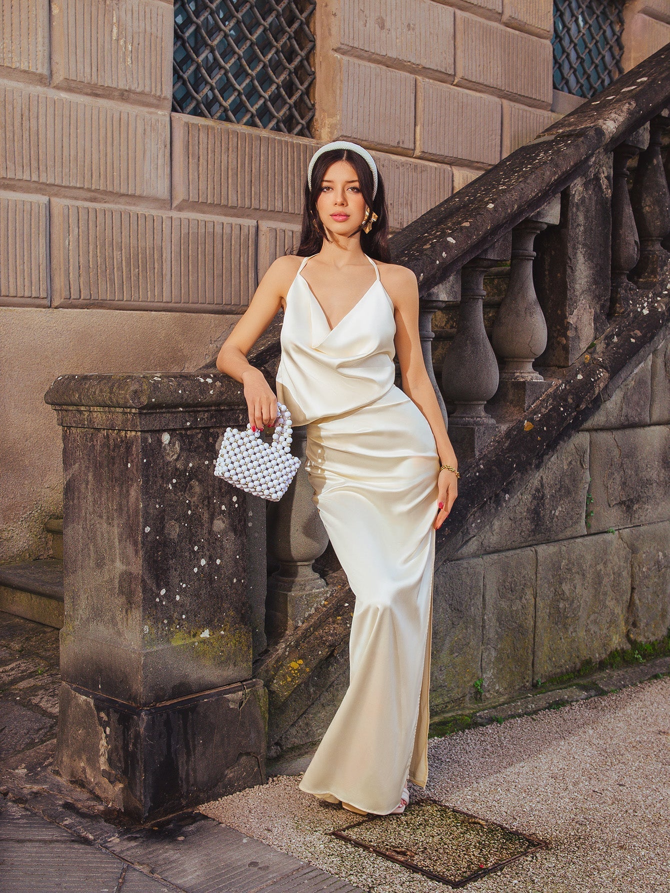 Draped Split Thigh Satin Backless Maxi Dress - View 5