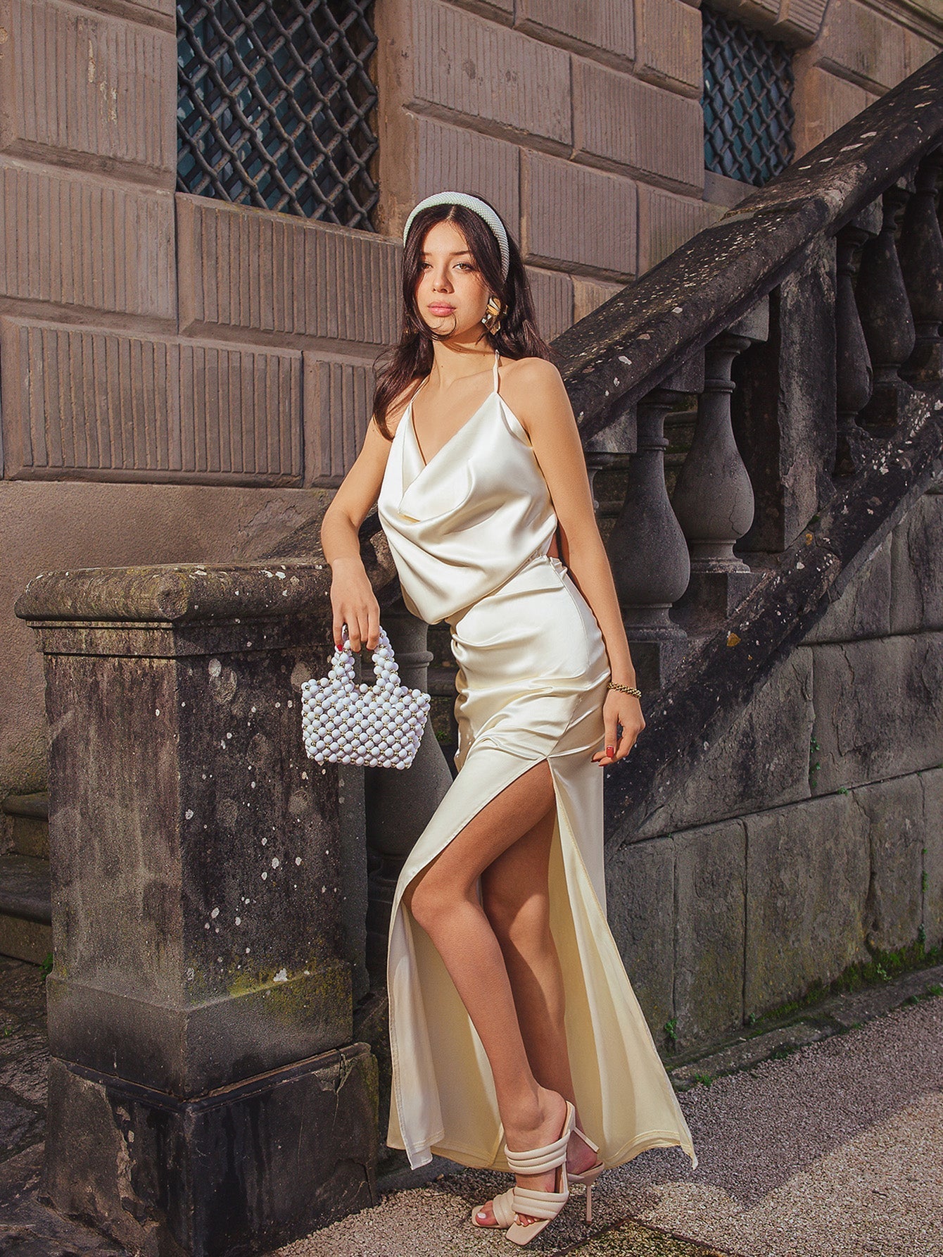 Draped Split Thigh Satin Backless Maxi Dress - View 4