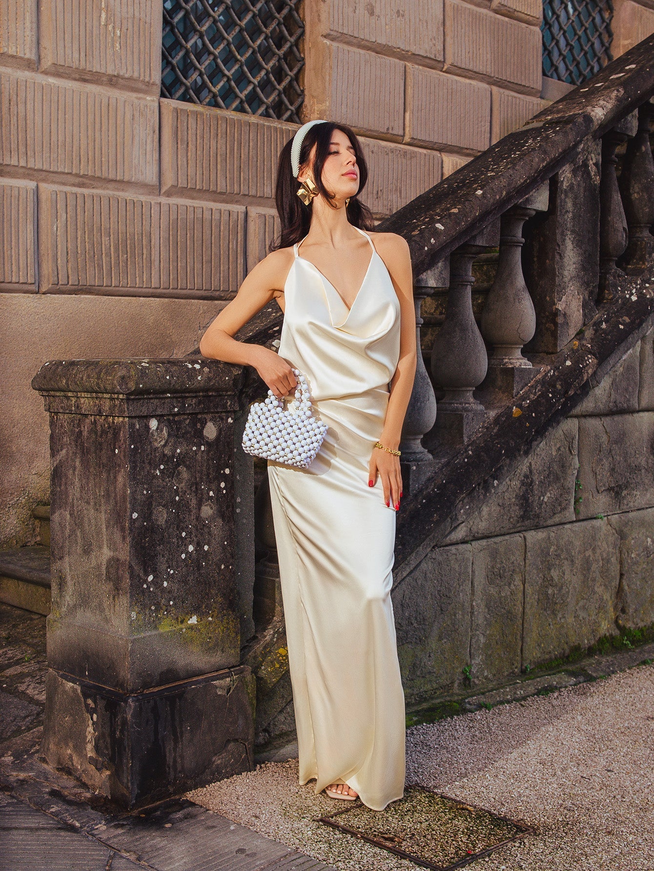 Draped Split Thigh Satin Backless Maxi Dress - View 3