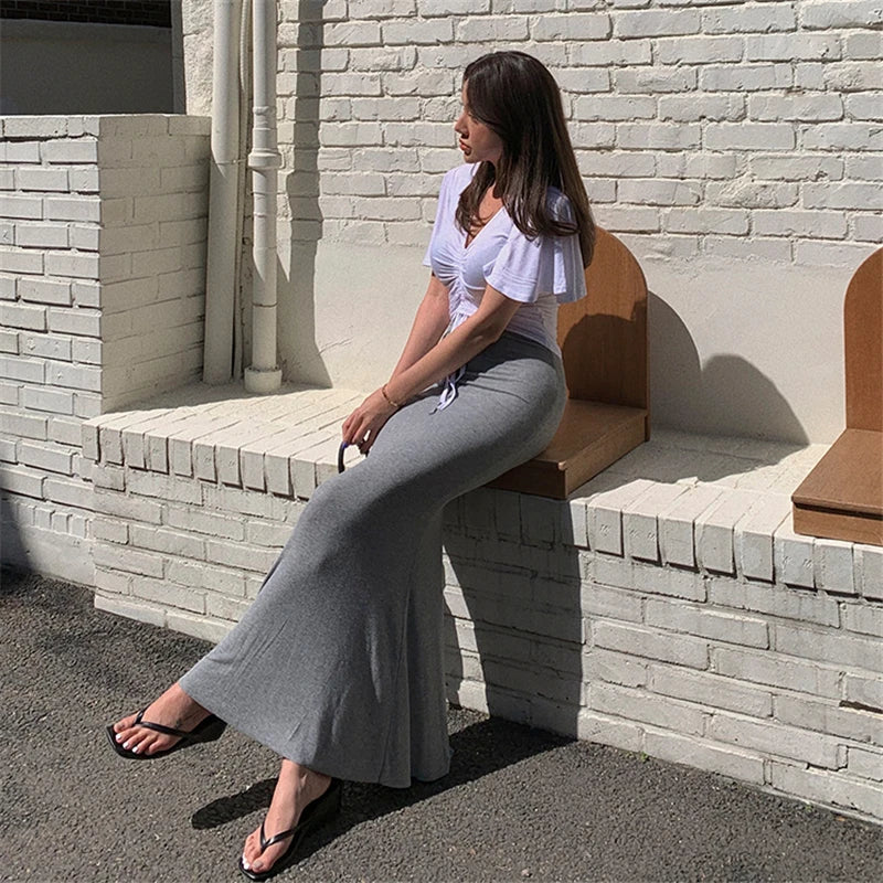 Drawstring Orange Vintage High Waist Maxi Sexy Tight Elegant Skirt