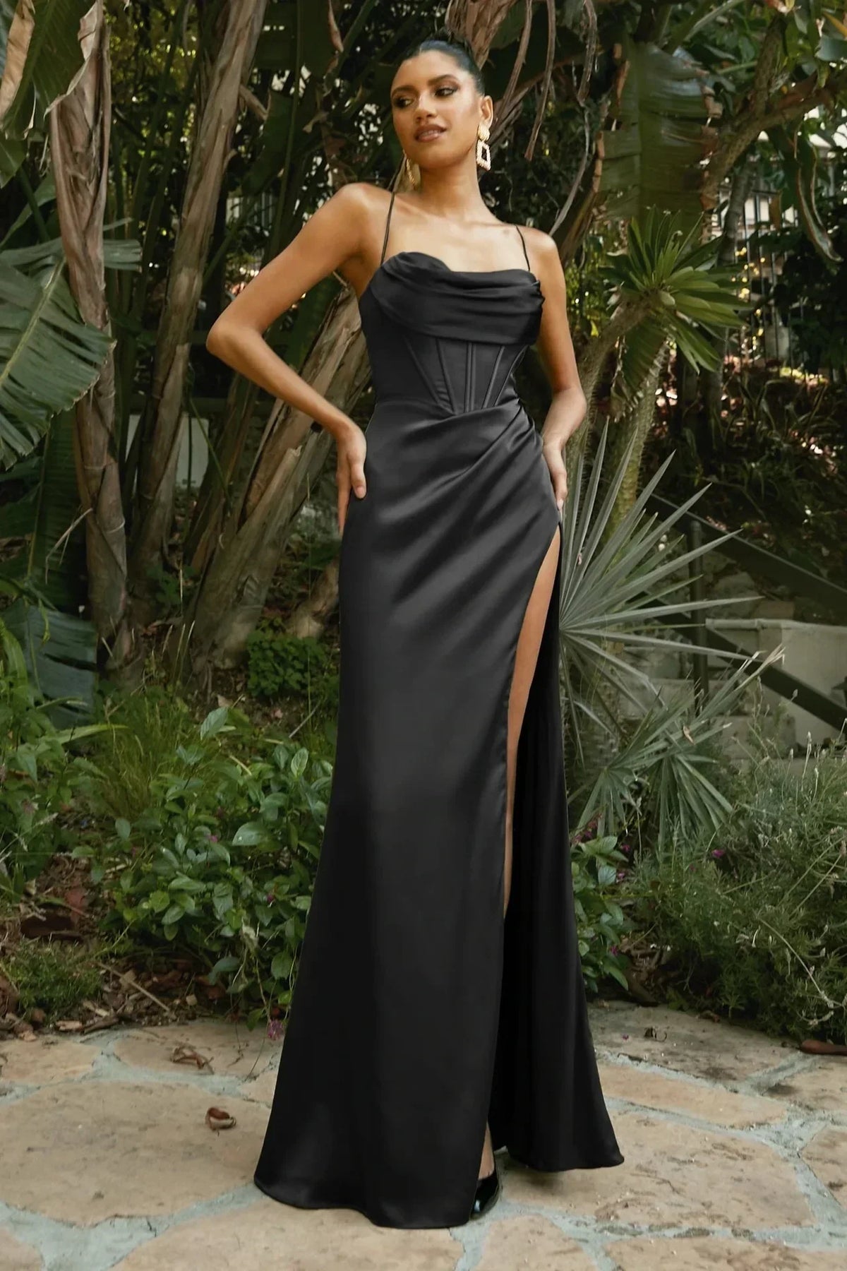 Satin Cowl Neck Spaghetti Strap Corset Bodice High Split Maxi Dress 8