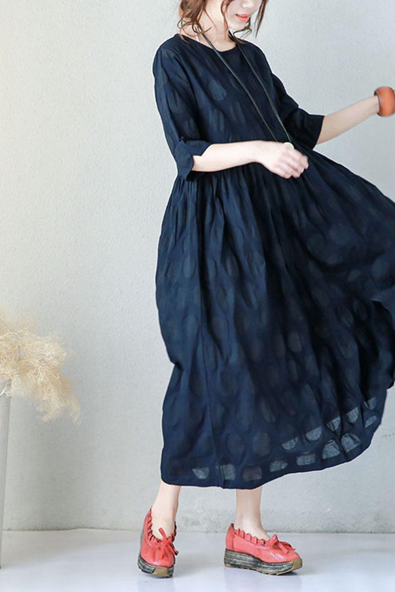 Blue Plus Size Casual Cotton Linen Dresses For Women