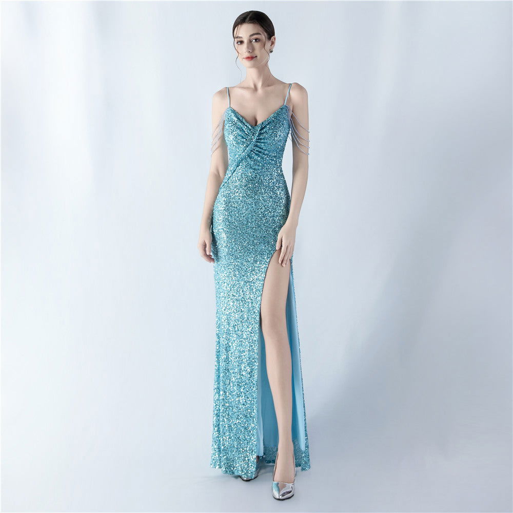 Sequin Spaghetti Strap V-Neck Ruched High Split Mermaid Gown