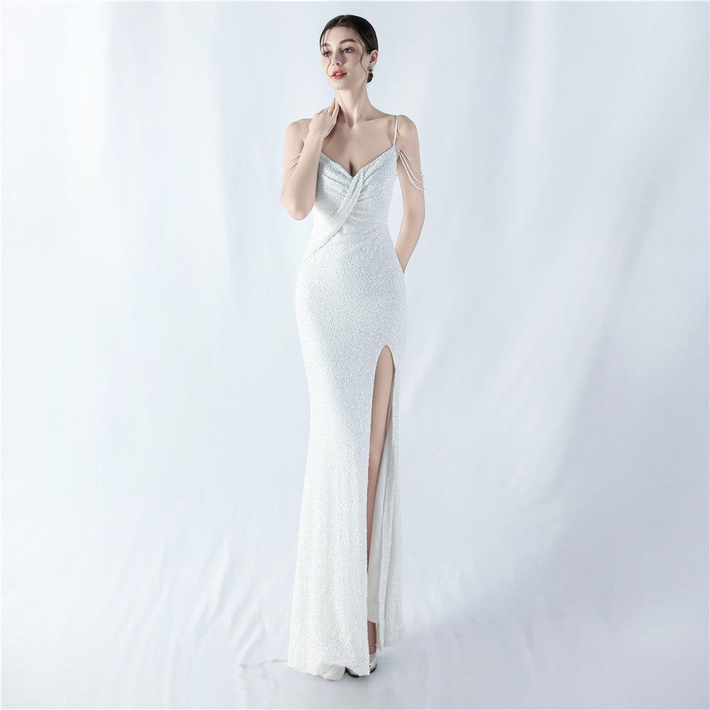 Sequin Spaghetti Strap V-Neck Ruched High Split Mermaid Gown