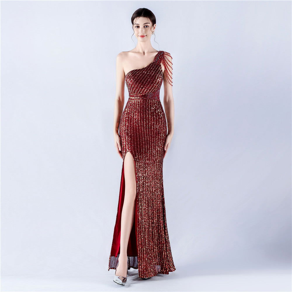 Dress Heavy Industry Beads One Shoulder Diagonal Collar High Fork Sequined Dinner Dress
