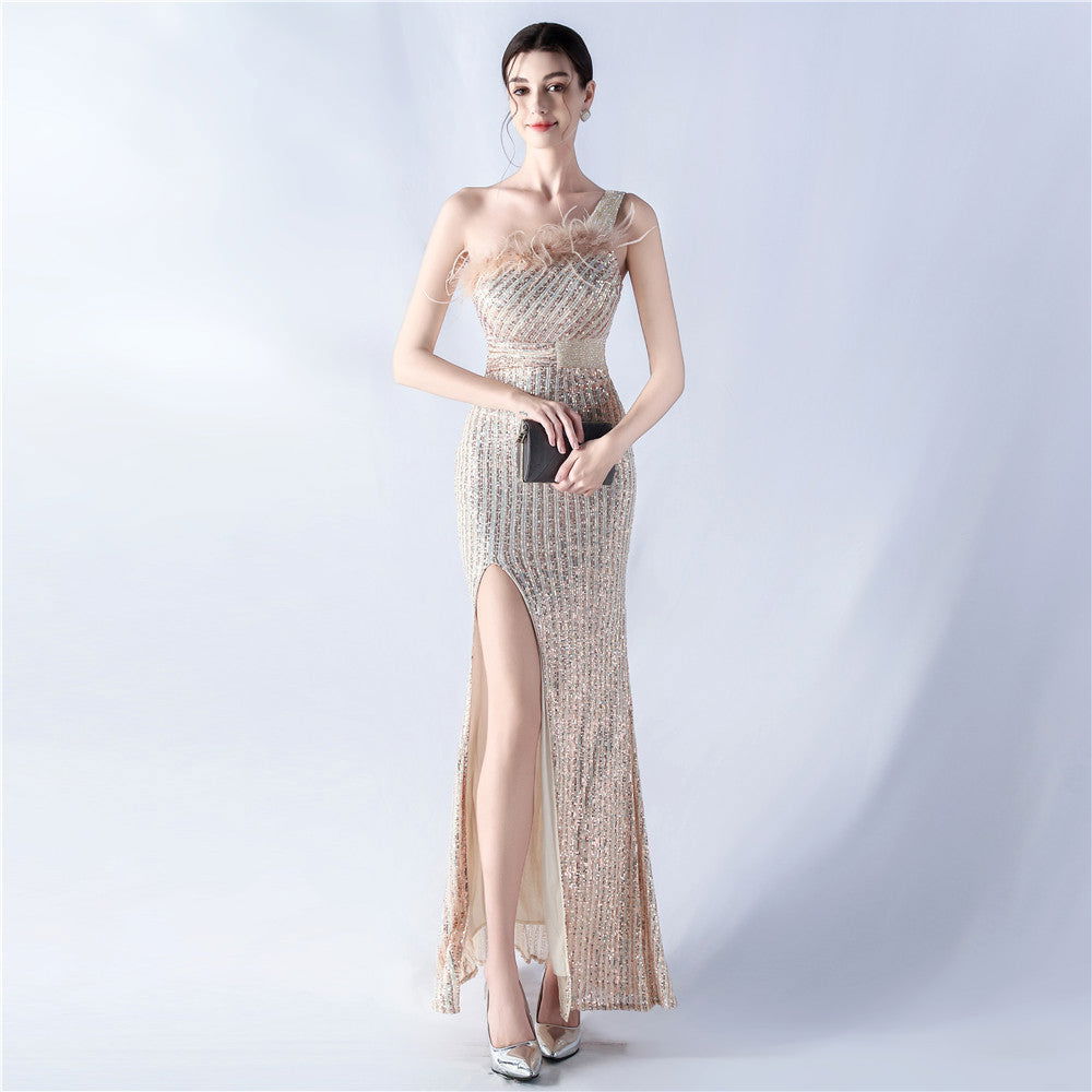 Sequin One Shoulder Feather Trim High Split Formal Gown
