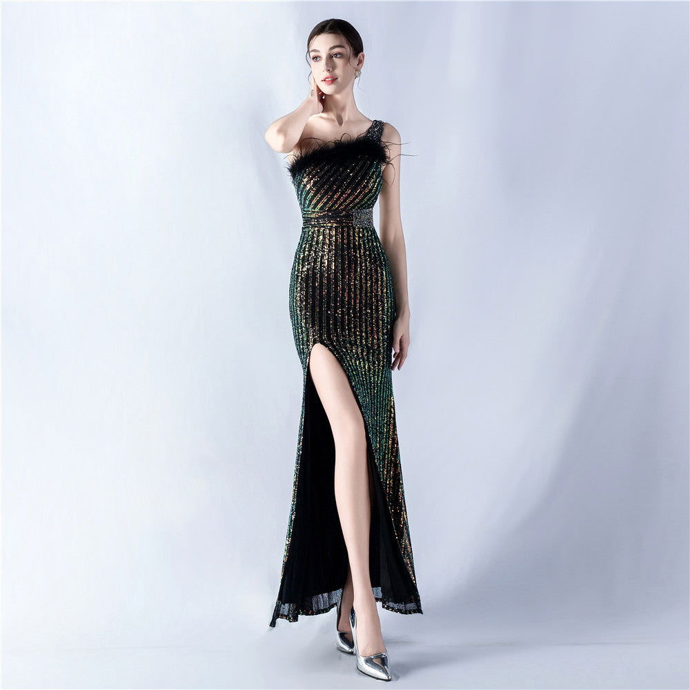 Sequin One Shoulder Feather Trim High Split Formal Gown