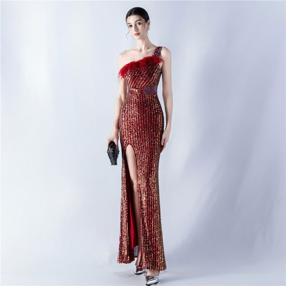 Sequin One Shoulder Feather Trim High Split Formal Gown