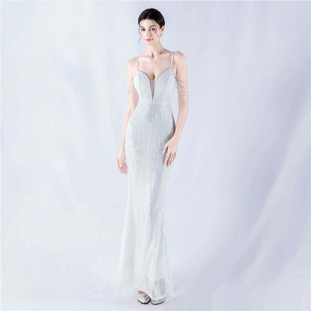 Sequin Spaghetti Strap Deep V-Neck Beaded Mermaid Maxi Gown