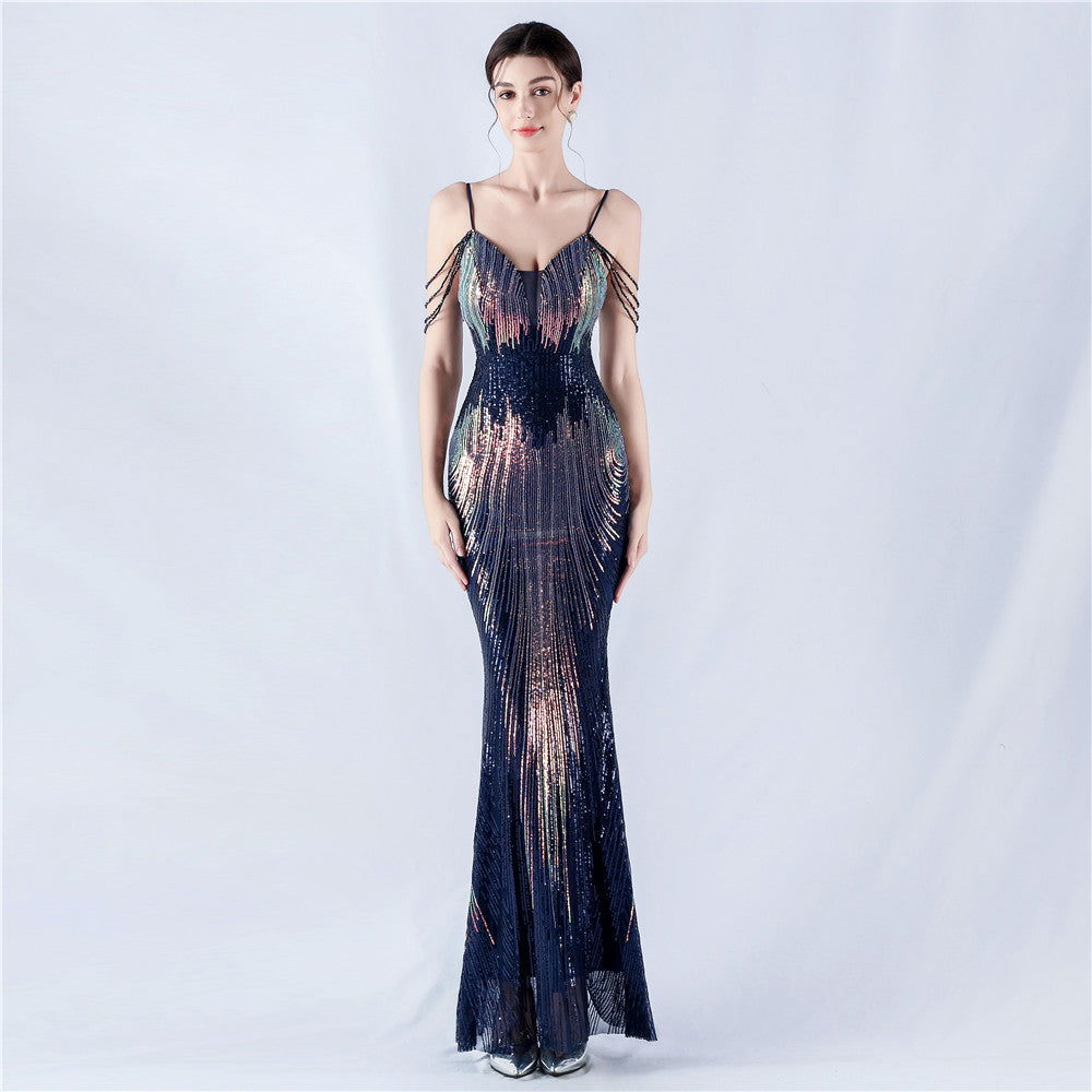 Sequin Spaghetti Strap Deep V-Neck Beaded Mermaid Maxi Gown