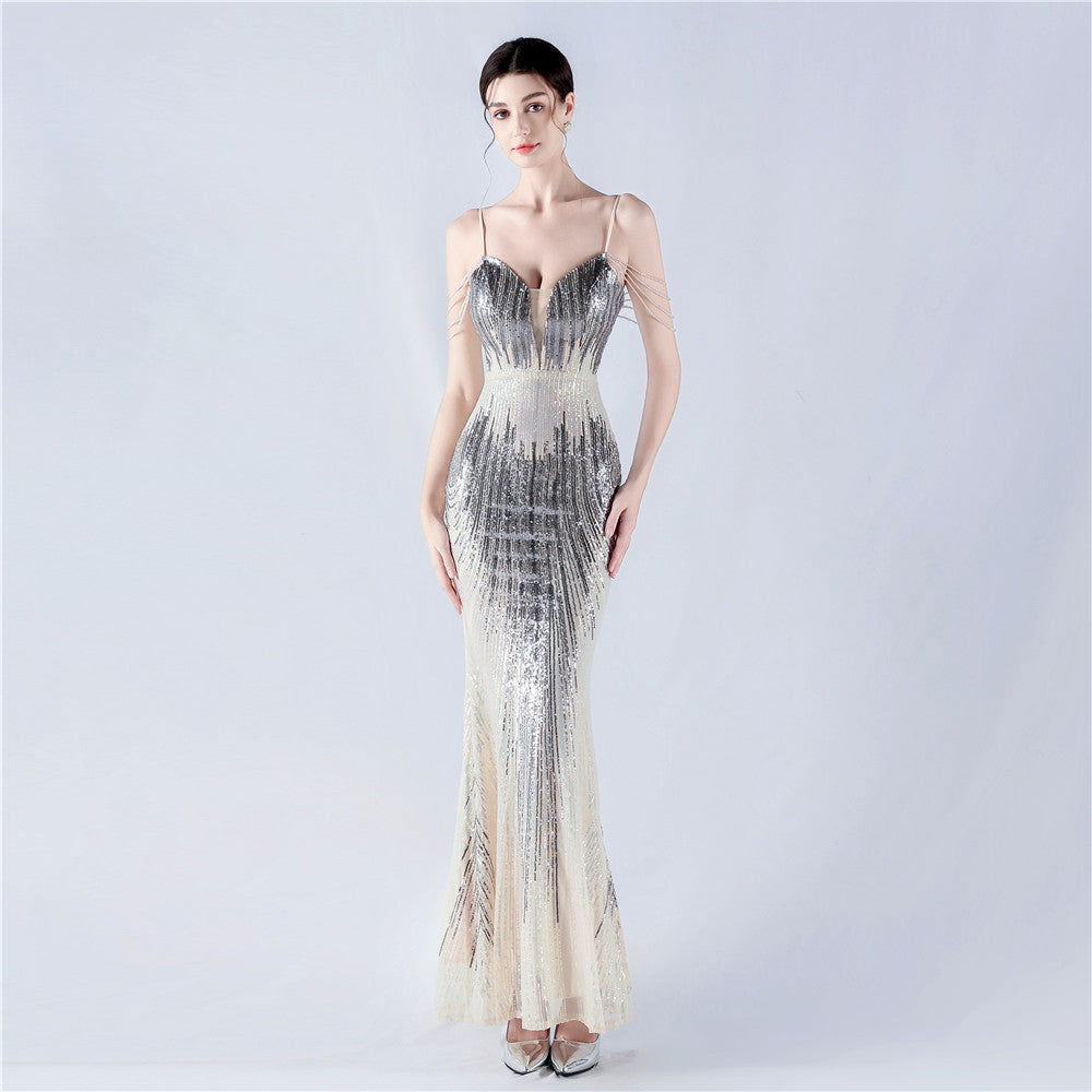 Sequin Spaghetti Strap Deep V-Neck Beaded Mermaid Maxi Gown