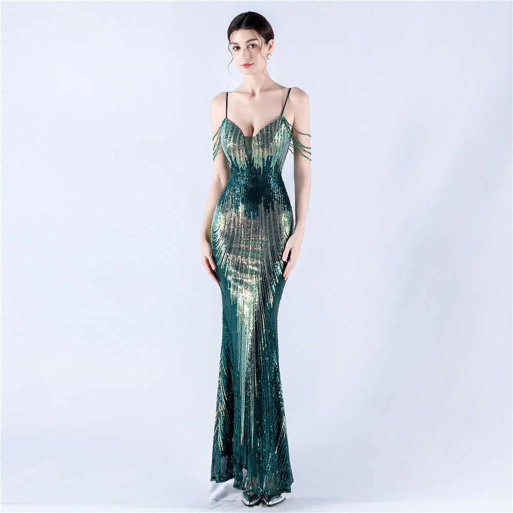 Sequin Spaghetti Strap Deep V-Neck Beaded Mermaid Maxi Gown