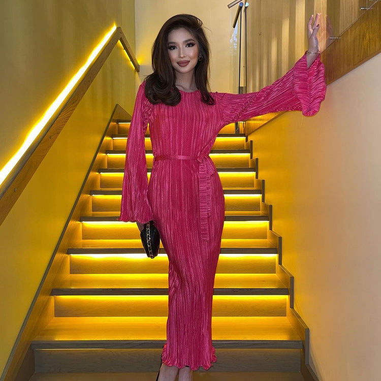 Dress round Neck Tied Horn Long Sleeve Long Pleated Dress