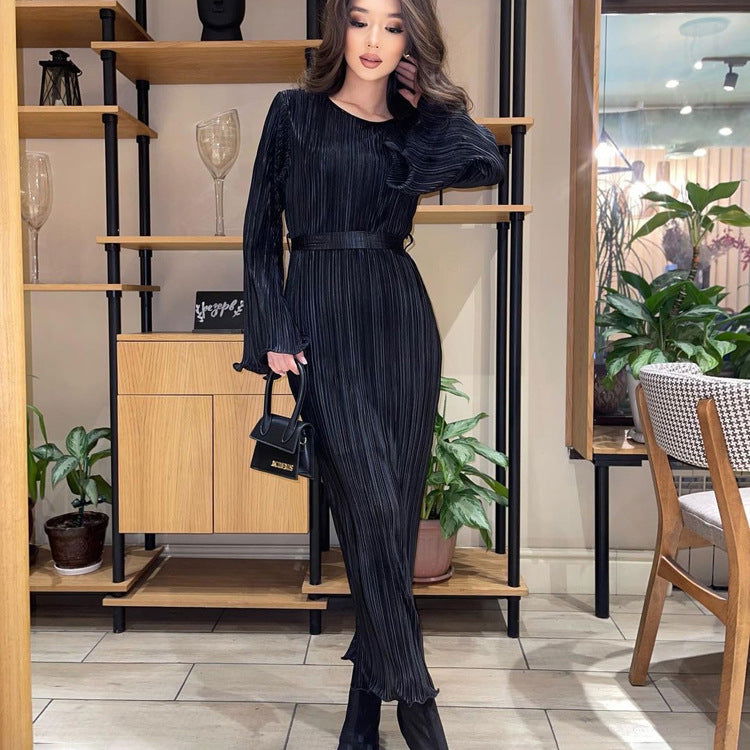 Dress round Neck Tied Horn Long Sleeve Long Pleated Dress