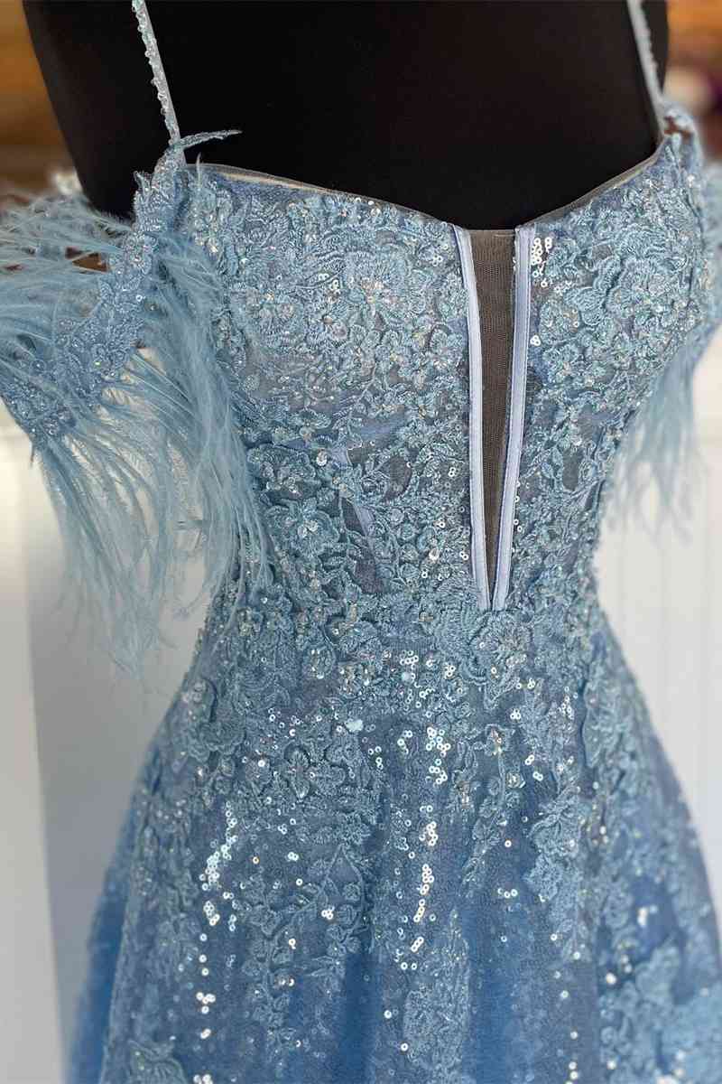 A Line Appliques Slit Long Prom Dresses with Feather