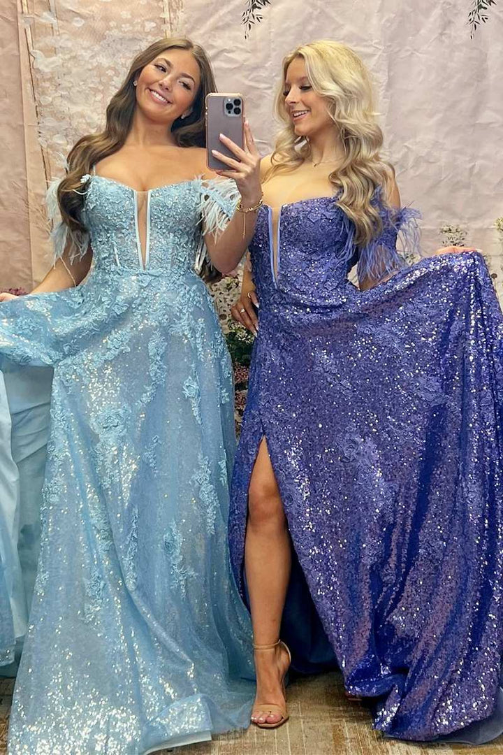 dressimeA Line Appliques Slit Long Prom Dresses with Feather