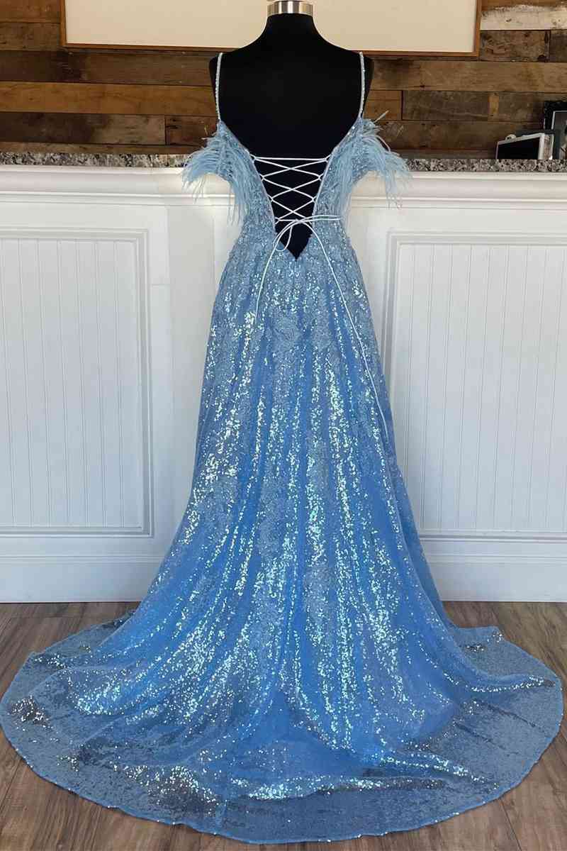 A Line Appliques Slit Long Prom Dresses with Feather