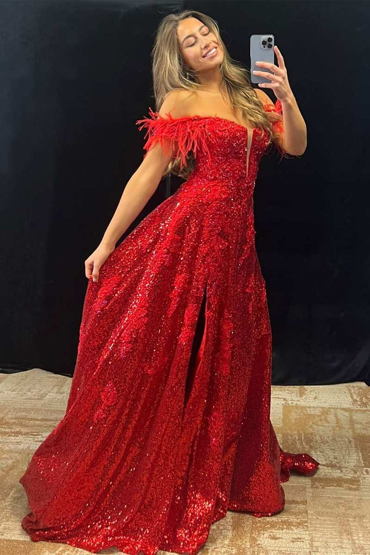 dressimeA Line Appliques Slit Long Prom Dresses with Feather