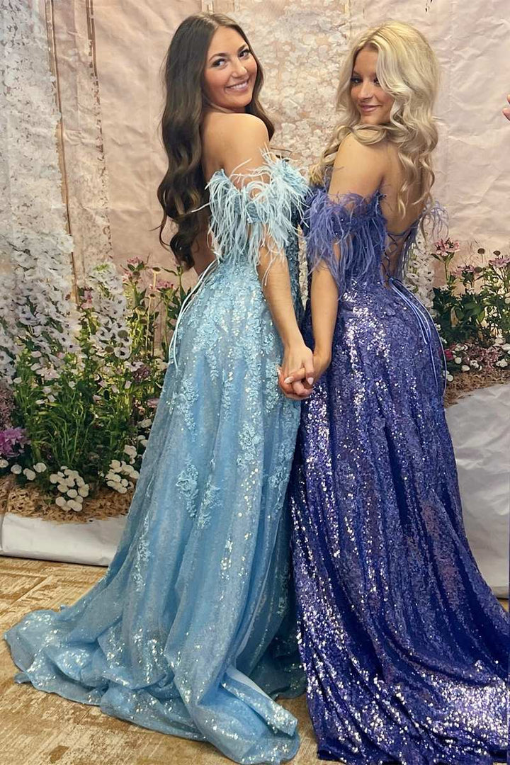 A Line Appliques Slit Long Prom Dresses with Feather