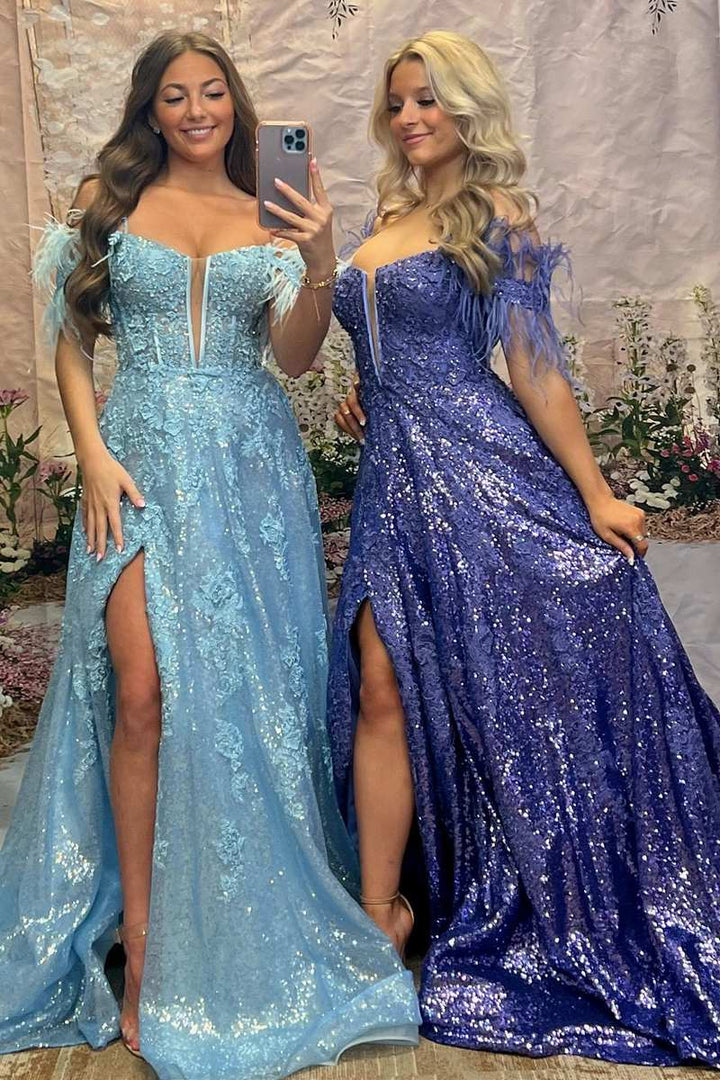 A Line Appliques Slit Long Prom Dresses with Feather