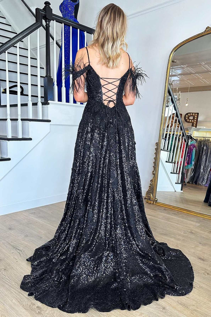 A Line Appliques Slit Long Prom Dresses with Feather