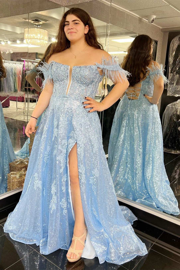 dressimeA Line Appliques Slit Long Prom Dresses with Feather