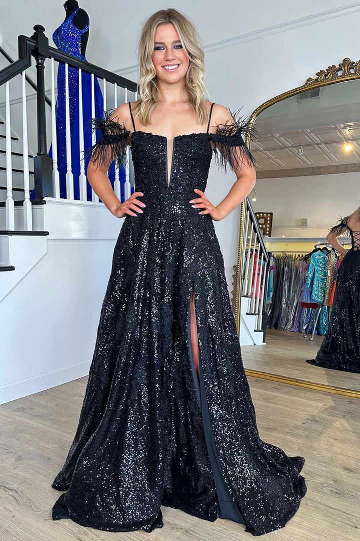 dressimeA Line Appliques Slit Long Prom Dresses with Feather